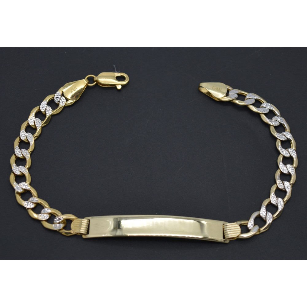 Real 10K Yellow Gold Two-Tone 8" Engravable Cuban Curb Chain Bracelet 6.8g